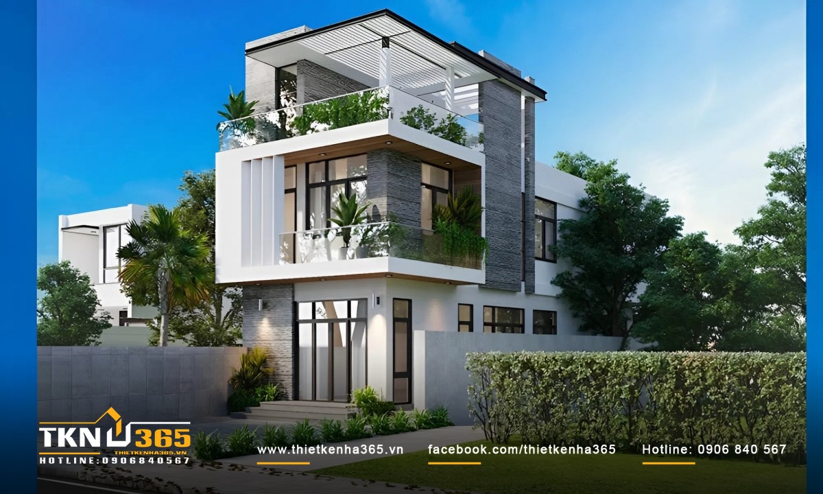 Một mẫu nhà 2 tầng 7x11m với sân vườn có nhiều cây xanh