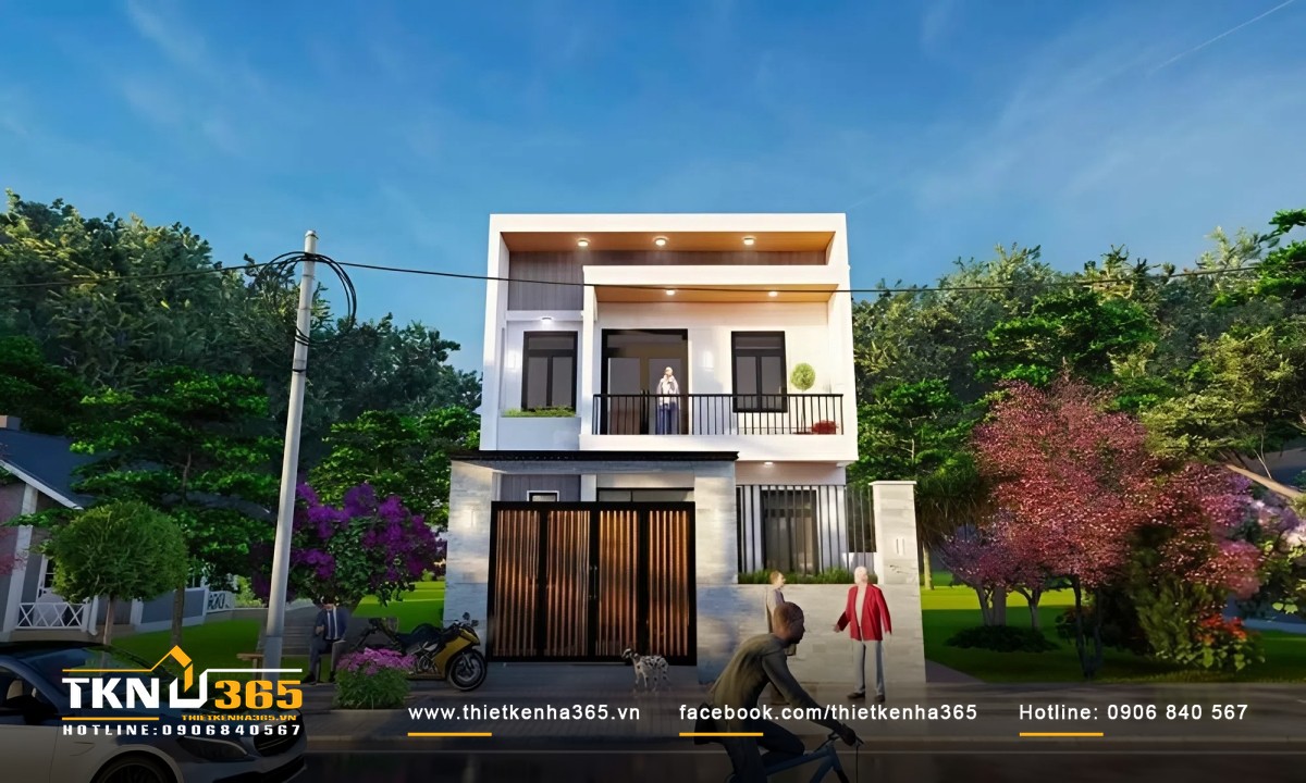 Mẫu thiết kế nhà 2 tầng 7x11m mái bằng được sơn màu trắng kết hợp cửa nhôm kính