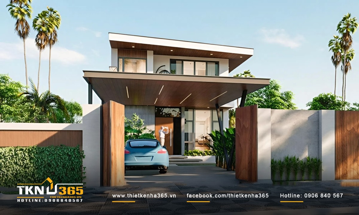 Mẫu nhà có gara ô tô, có ban công với tone nâu cam làm màu chủ đạo