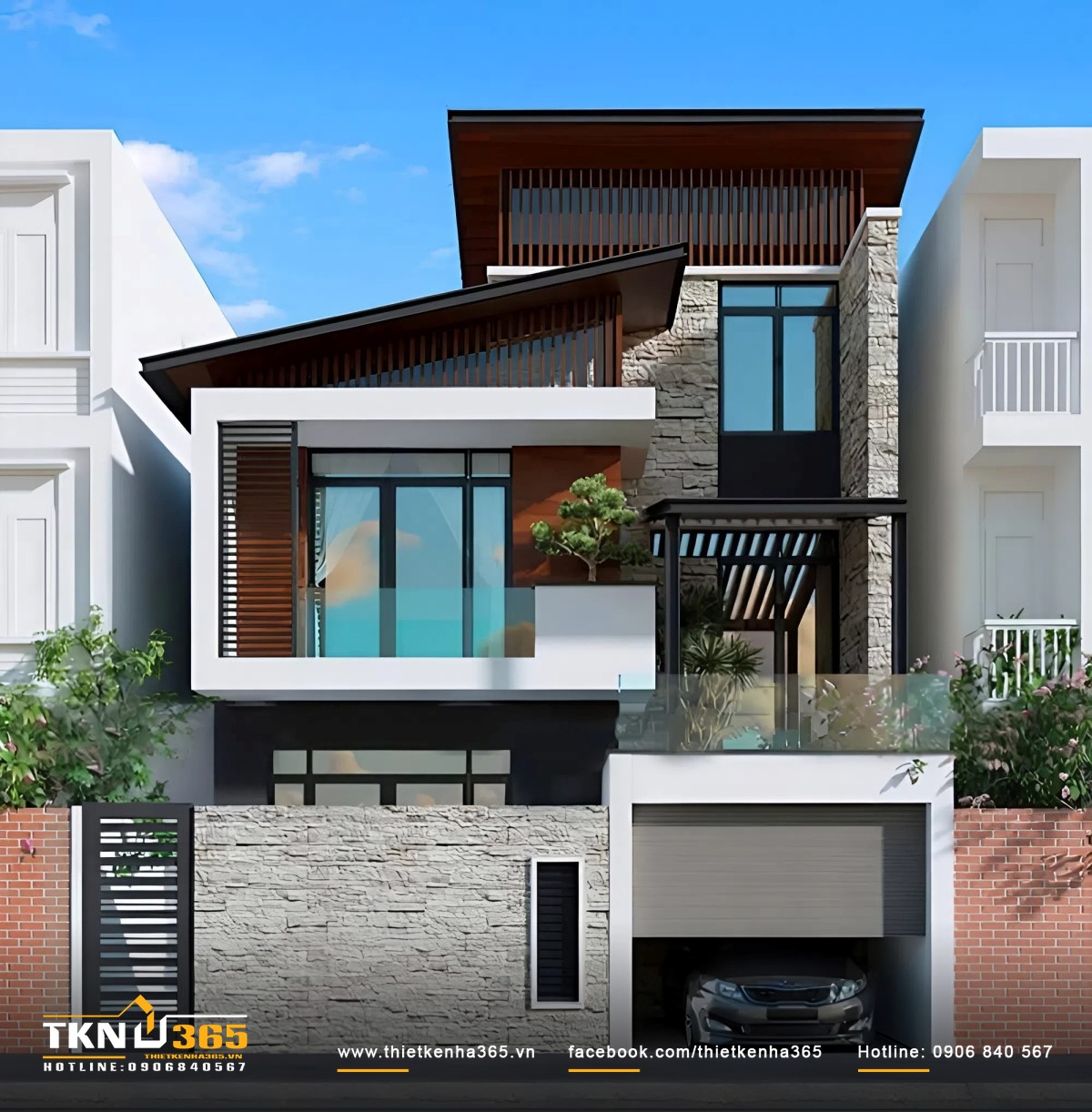 Nhà 2 tầng 7x11 có gara ô tô hiện đại, kín đáo