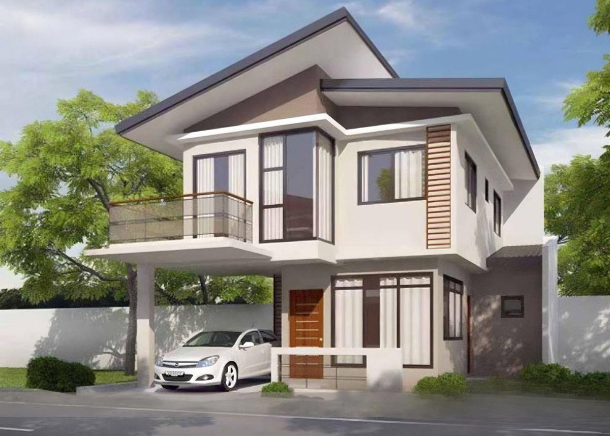 Nhà mái lệch 2 tầng có thêm gara ô tô nằm ngay dưới ban công tầng 2