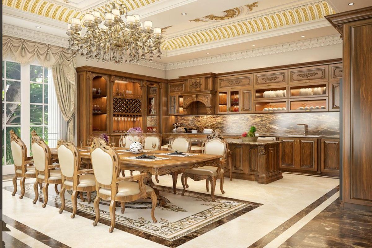Nhà bếp tân cổ điển là sự kết hợp hoàn hảo giữa vẻ đẹp cổ điển sang trọng và phong cách hiện đại tinh tế – vừa đẳng cấp, vừa gần gũi với cuộc sống đương đại.