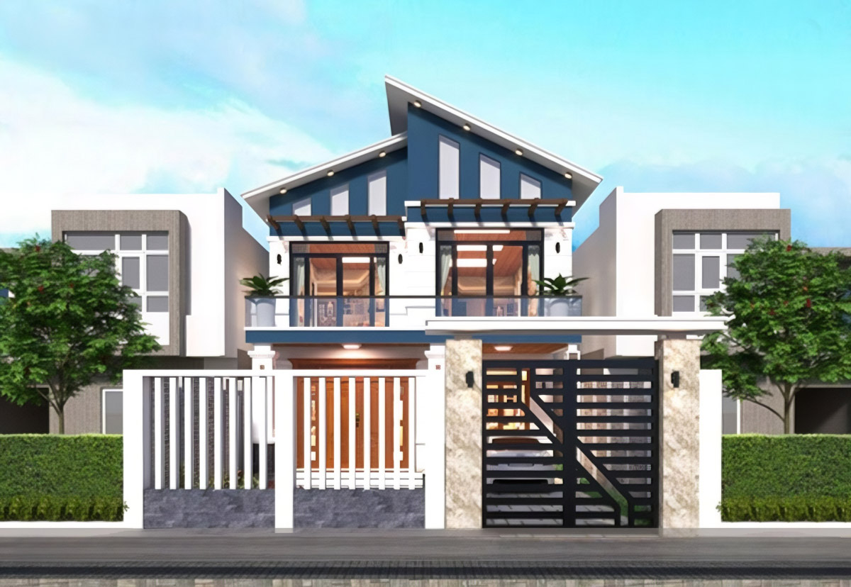 Nhà mái lệch 2 tầng có 3 phòng ngủ là lựa chọn phổ biến, đáp ứng nhu cầu của gia đình từ 3–5 thành viên, vừa tiện nghi vừa tối ưu diện tích.