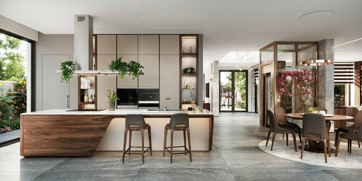 Thiết kế nội thất phòng bếp đẹp, sang trọng không chỉ mang đến không gian ấm cúng mà còn tạo thêm nguồn cảm hứng nấu nướng.