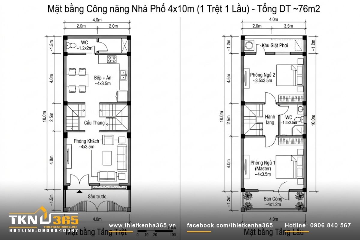 bản vẽ mặt bằng nhà 1 trệt 1 lầu 4x10m 
