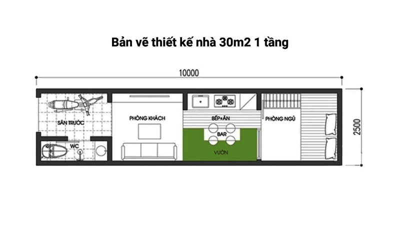 Bản vẽ thiết kế nhà đẹp 30m2 có 1 tầng