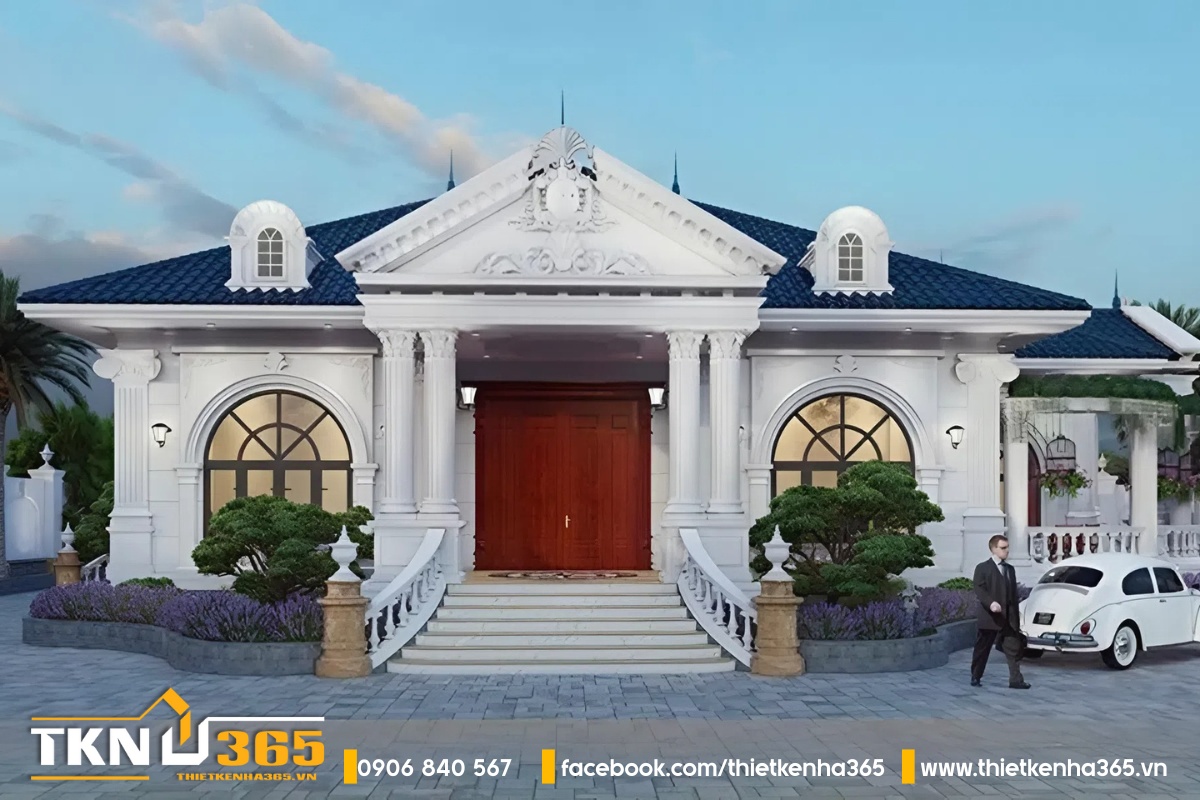 Biệt thự vườn 1 tầng kiểu Pháp cổ điển kết hợp nét đẹp truyền thống