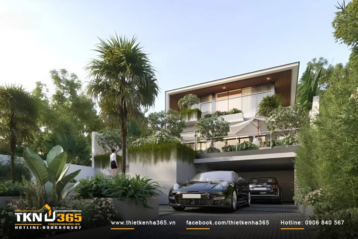 Mẫu biệt thự 2 tầng hiện đại m&aacute;i bằng c&oacute; s&acirc;n vườn rộng r&atilde;i, tiện nghi
