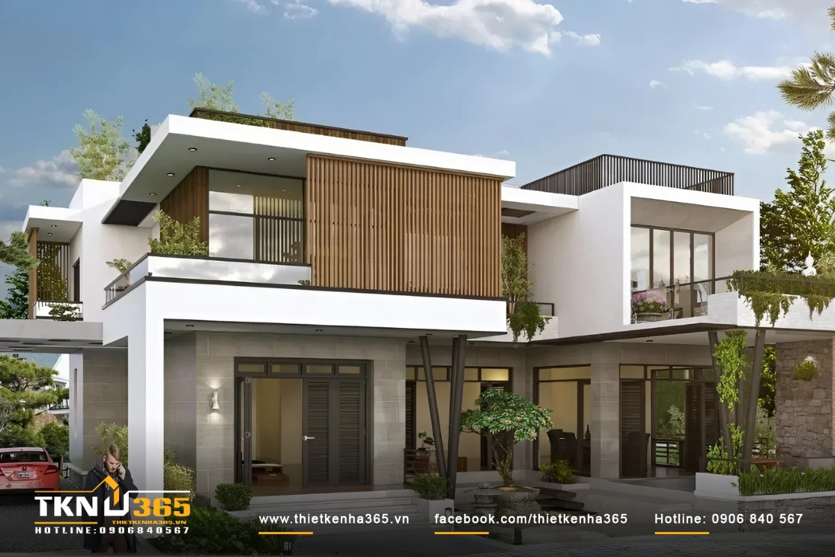 Mẫu biệt thự 2 tầng m&aacute;i bằng, đầy đủ s&acirc;n/gara &ocirc; t&ocirc;