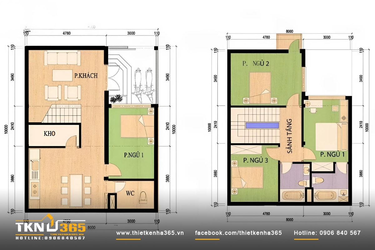 Bản vẽ thiết kế nhà 2 tầng 8x10m hiện đại, tiện nghi