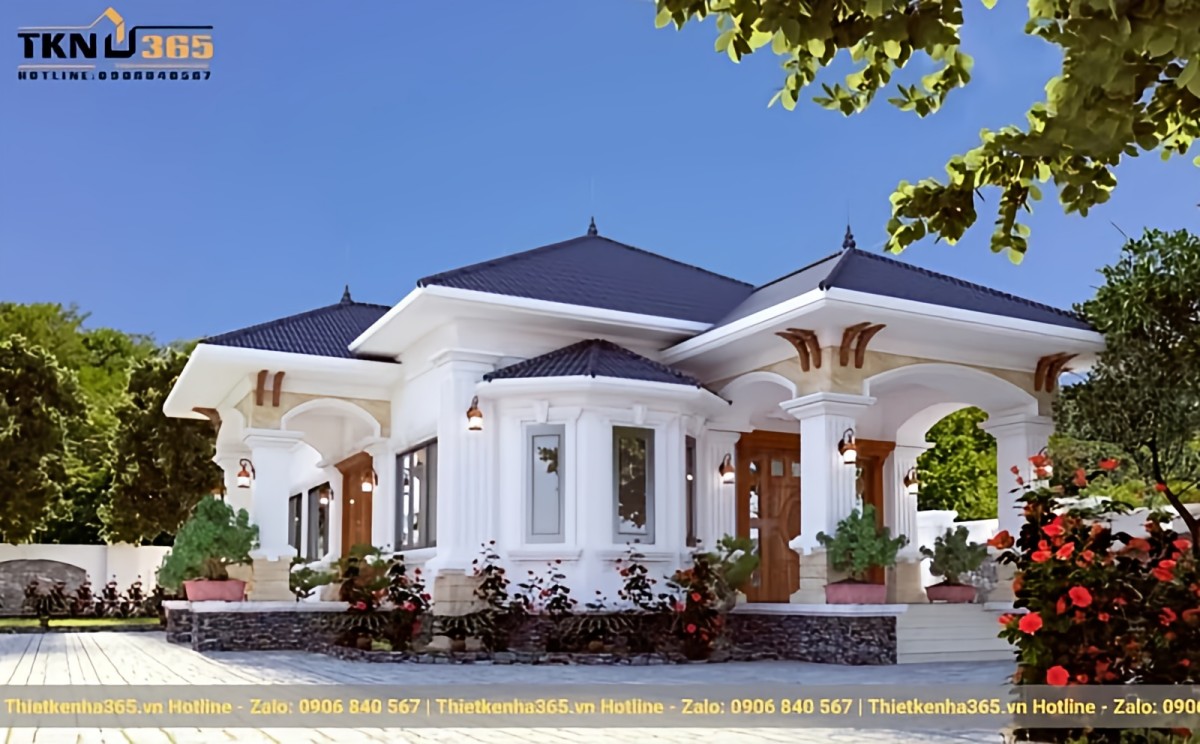 Mẫu thiết kế nhà cấp 4 đẹp kiểu Pháp có sân vườn rộng rãi