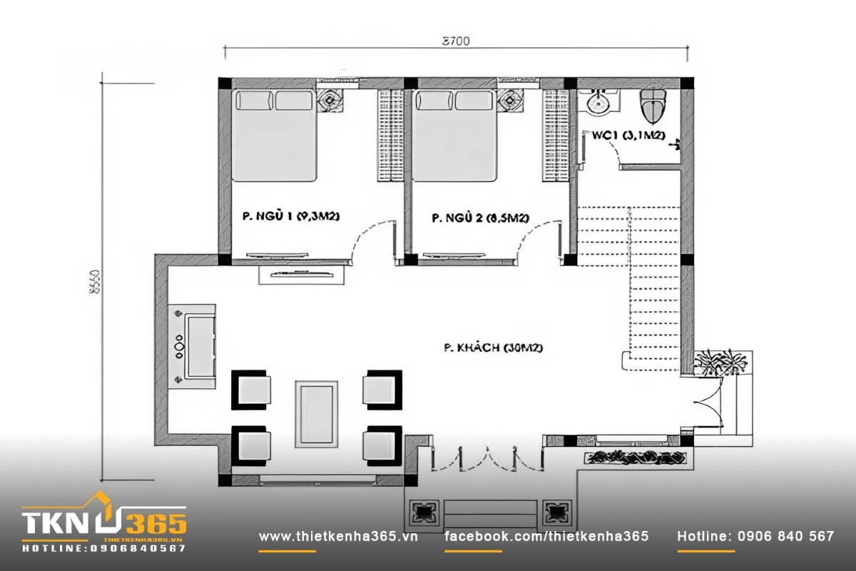 Bản vẽ chi tiết nh&agrave; cấp 4 2 ph&ograve;ng ngủ
