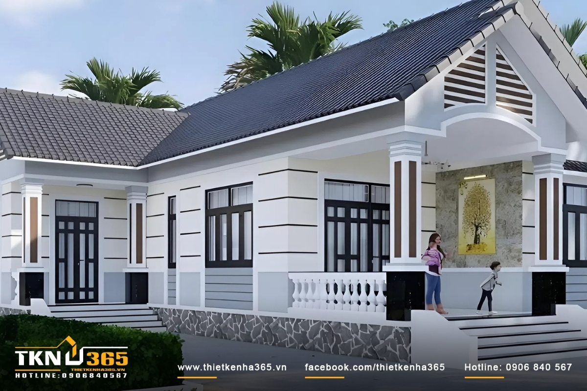 Kh&ocirc;ng gian s&acirc;n vườn của nh&agrave; cấp 4 3 ph&ograve;ng ngủ tho&aacute;ng đ&atilde;ng ph&iacute;a b&ecirc;n ngo&agrave;i