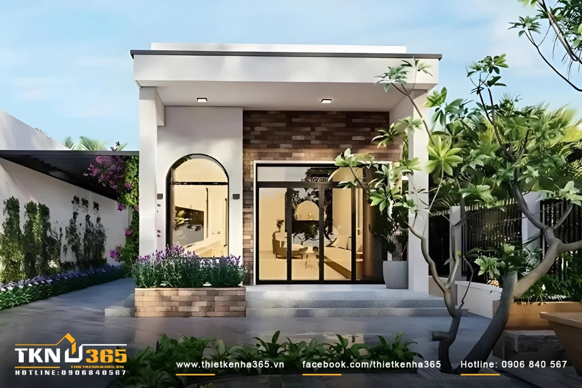 Mẫu thiết kế nh&agrave; cấp 4 sử dụng k&iacute;nh cường lực c&oacute; s&acirc;n vườn