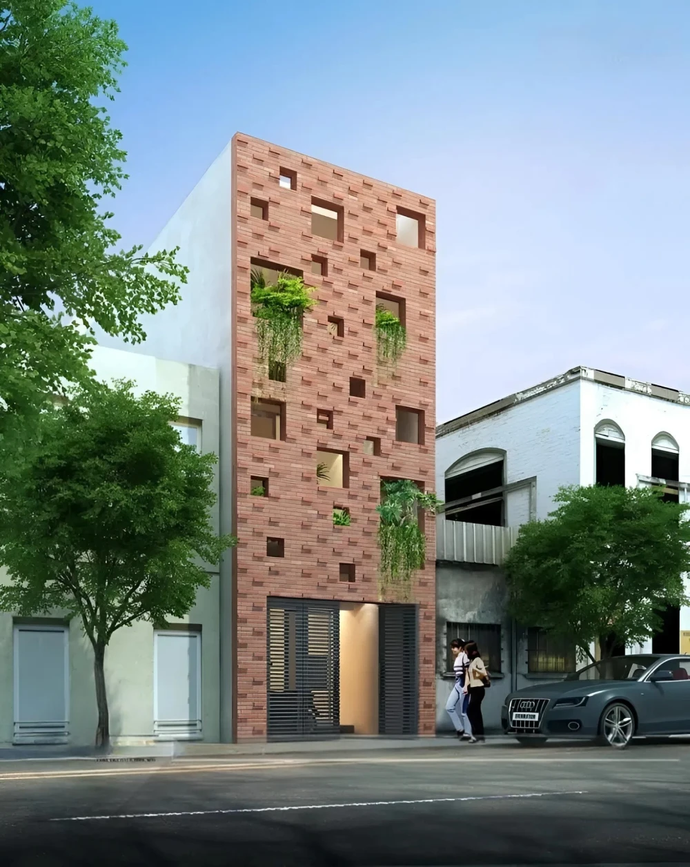 Mẫu nh&agrave; ngang hẹp 3m tường gạch lạ mắt nhiều c&acirc;y xanh