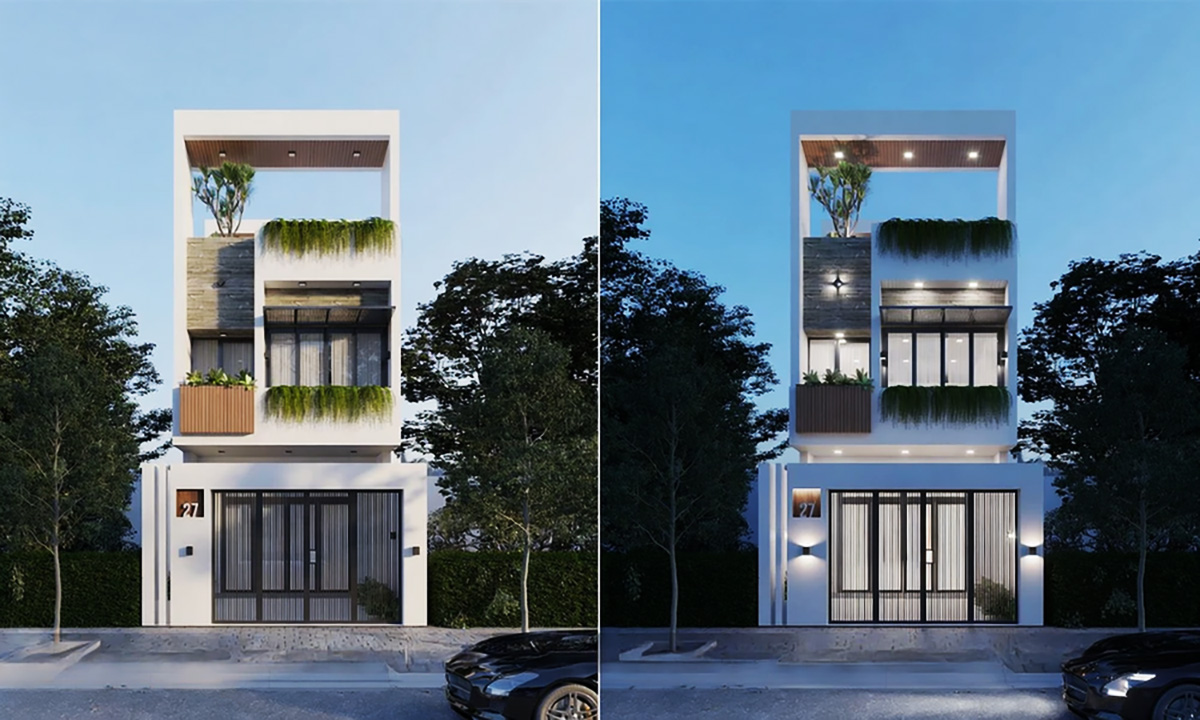 Mẫu nhà ống 2 tầng 1 tum mái tôn kết hợp với cây xanh trồng xung quanh Mẫu nhà ống 2 tầng 1 tum mái tôn kết hợp với cây xanh trồng xung quanh