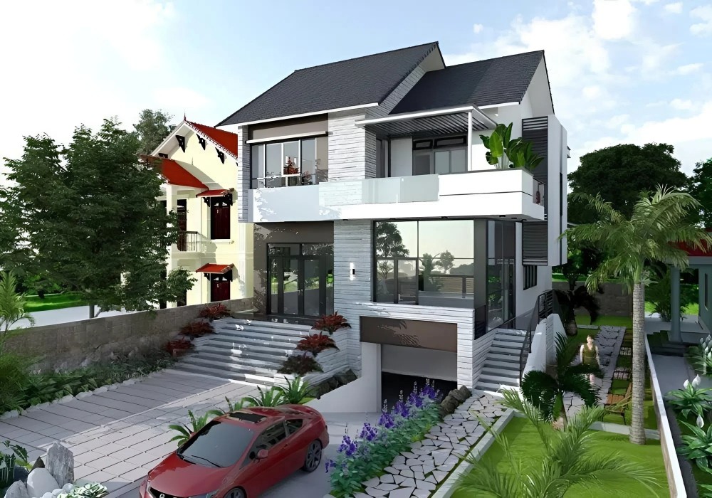Mẫu nh&agrave; biệt thự hiện đại với tầng hầm gara ch&igrave;m