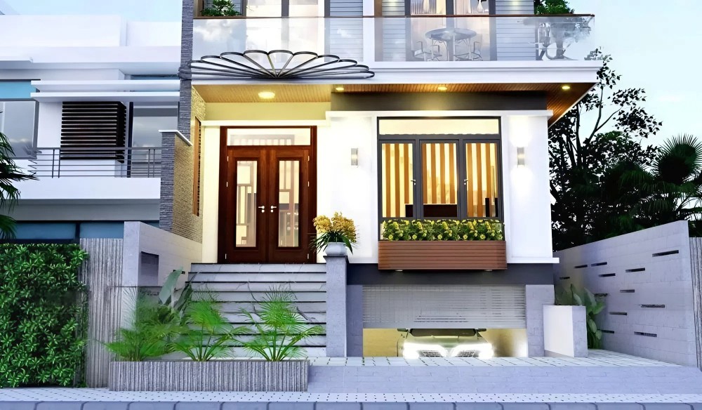 Mẫu nh&agrave; hầm ch&igrave;m với mặt tiền th&ocirc;ng tho&aacute;ng