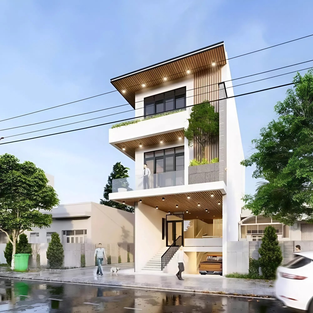 M&acirc;u nh&agrave; phố hiện đại với tầng hầm ch&igrave;m