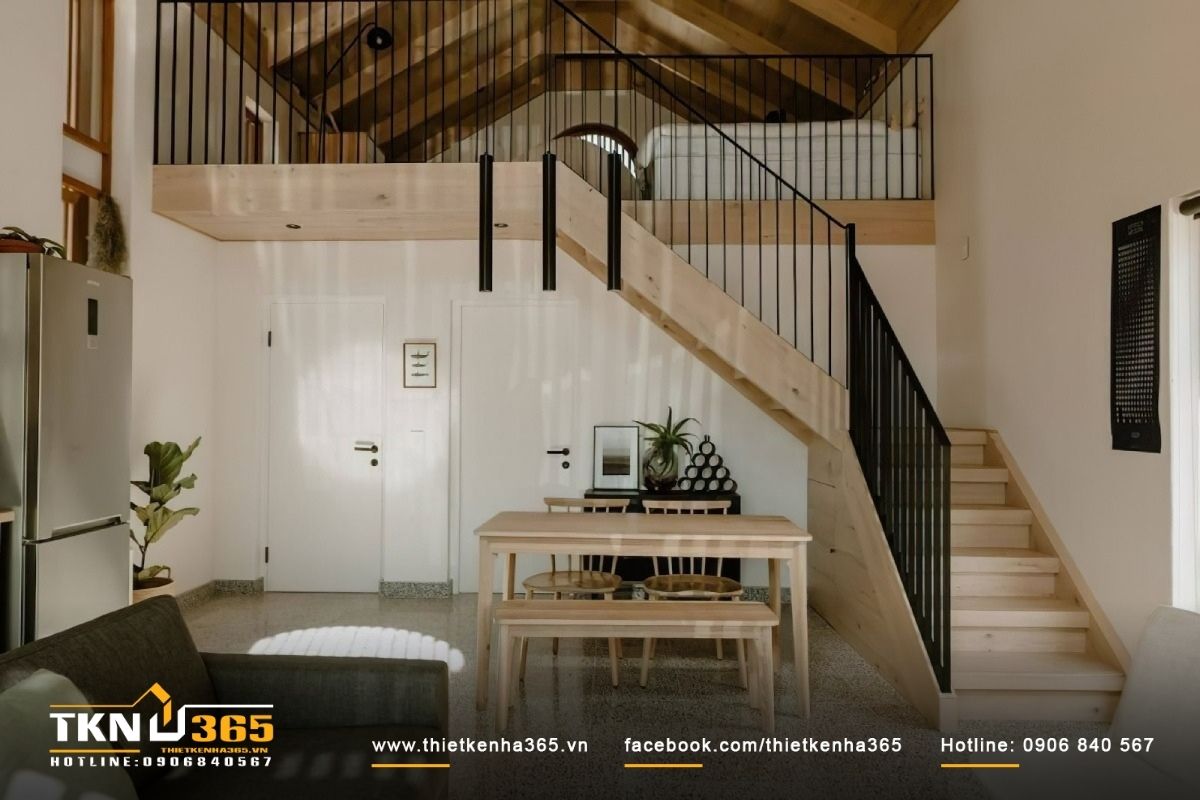 Mẫu thiết kế nh&agrave; 1 tầng 5x15m bố tr&iacute; th&ecirc;m g&aacute;c lửng