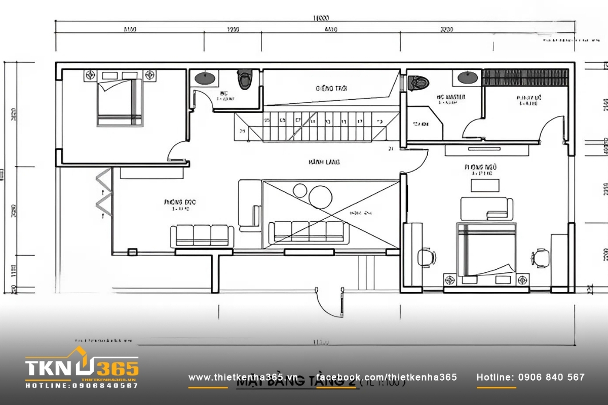 Bản vẽ tầng 2 nhà 2 mặt tiền kinh doanh 8m hiện đại