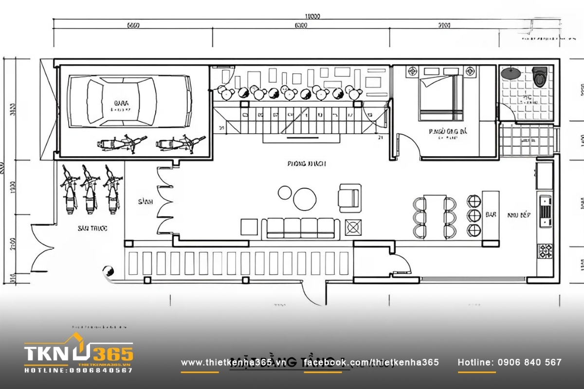 Bản vẽ tầng 1 nhà 2 mặt tiền kinh doanh 8m hiện đại
