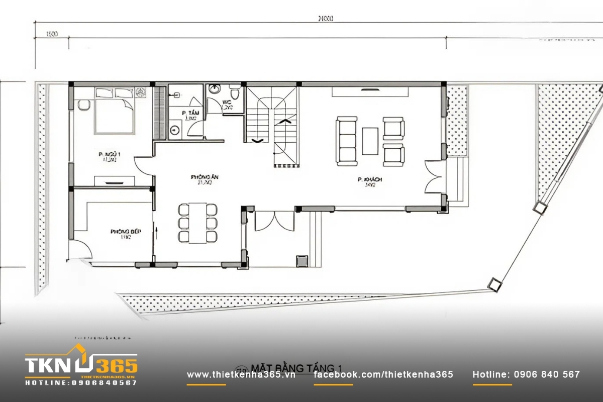 Bản vẽ tầng 1 nhà 2 mặt tiền kinh doanh trên đất nền bị xéo
