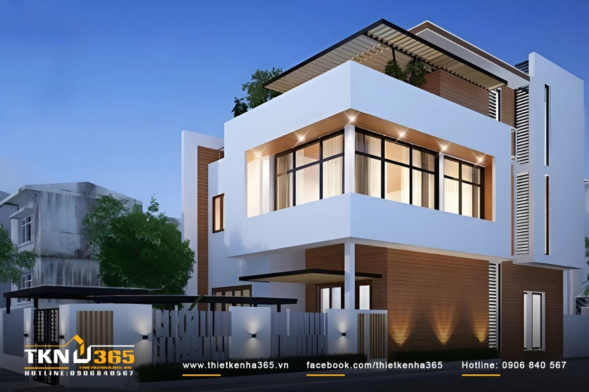 Mẫu nhà ống 2 mặt tiền 2 tầng có lối kiến trúc tân cổ điển, kết hợp giữa gỗ và đá, tạo nên vẻ đẹp độc đáo và ấn tượng