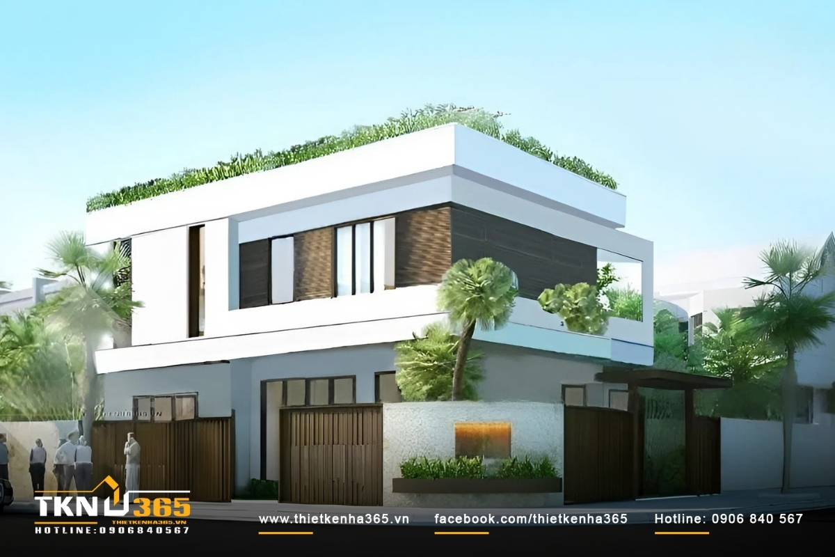 Thiết kế nhà ống 2 mặt tiền 2 tầng với đường nét đơn giản, sử dụng tông màu trắng chủ đạo