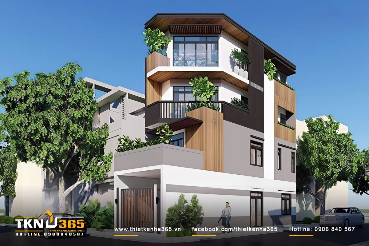 Mẫu nhà hai mặt tiền bốn tầng có không gian xanh mát