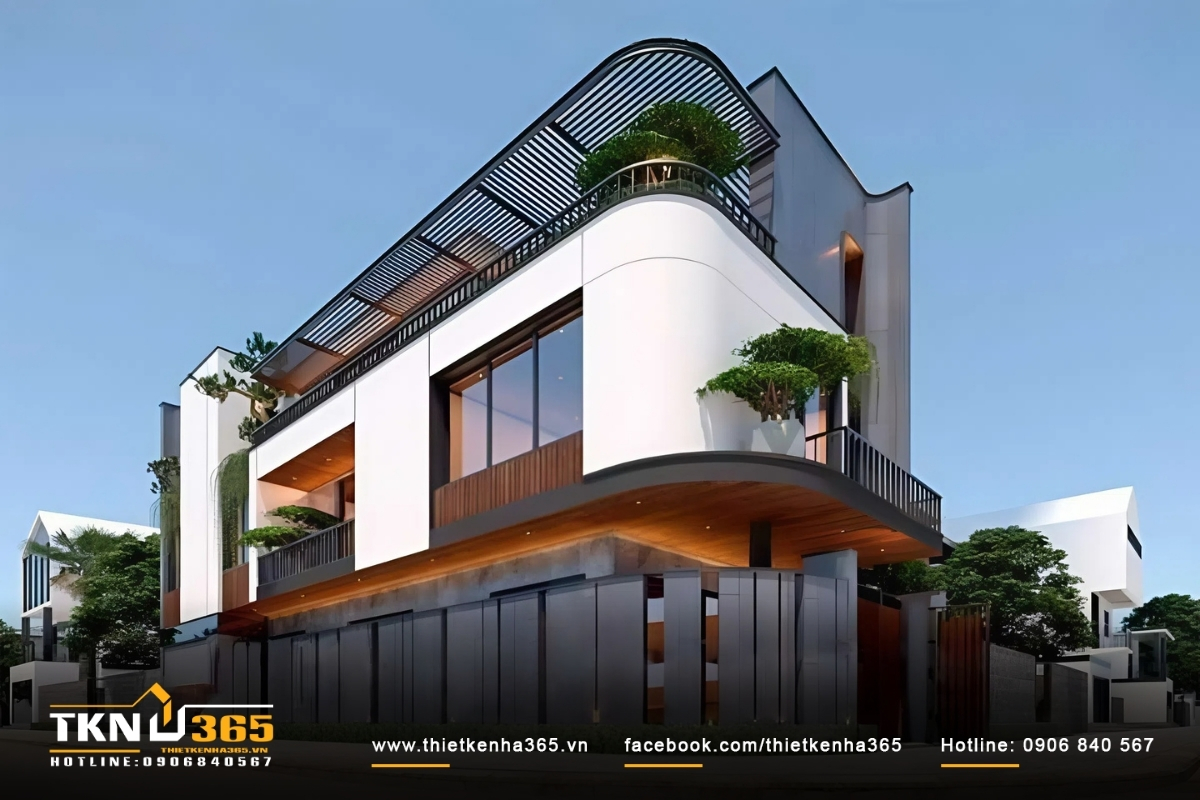 Nhà ống 2 mặt tiền với hình khối lạ mắt kết hợp các vật liệu trang trí như kính, gỗ ốp conwood, mặt tiền giật cấp tạo nên kiến trúc gây ấn tượng mạnh