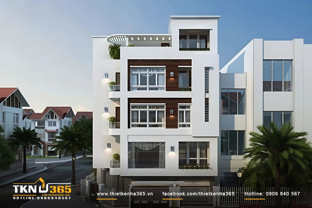Công trình nhà 2 mặt tiền 5 tầng gây ấn tượng với thiết kế với hình khối kiên cố và vững chãi