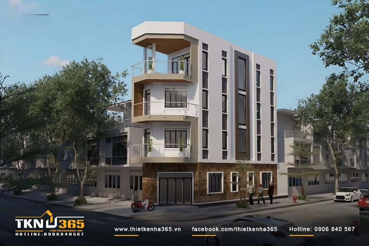 Kiến trúc nhà hai mặt tiền bốn tầng đẹp truyền thống với đá ốp marble màu vàng cát