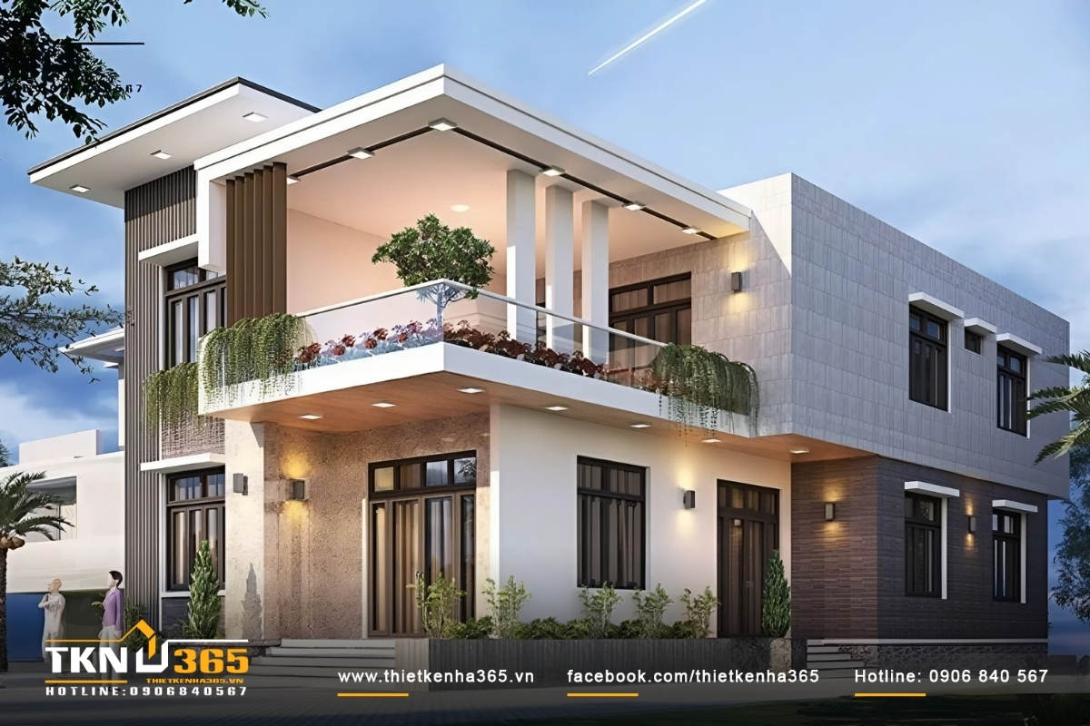 Mẫu nhà ống 2 mặt tiền 2 tầng có lối kiến trúc hiện đại, sử dụng kính và thép làm chất liệu chính