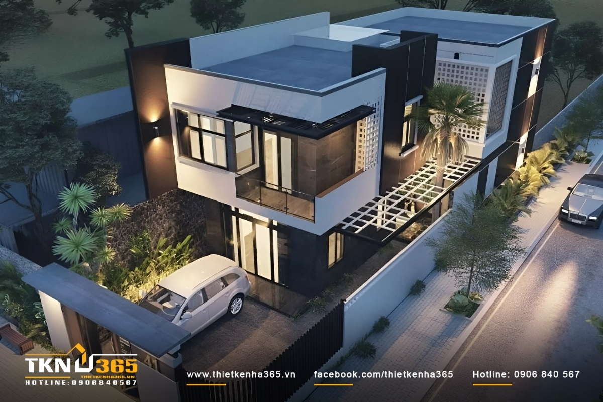 Thiết kế nhà ống 2 mặt tiền với các cửa sổ bên hông thông thoáng, các mảng sơn giả gỗ kẻ ron nhằm tạo điểm nhấn cho phần mặt tiền