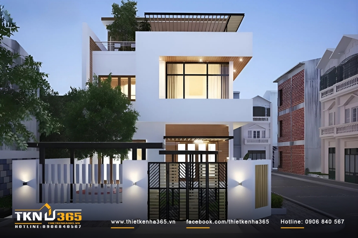 Ngôi nhà ống 2 mặt tiền 2 tầng thiết kế thoáng sáng với lam bê tông che nắng