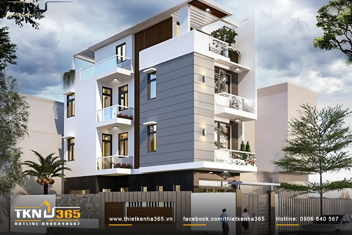 Nhà phố 2 mặt tiền 4 tầng được trang trí đẹp mắt với cảnh quan hài hòa