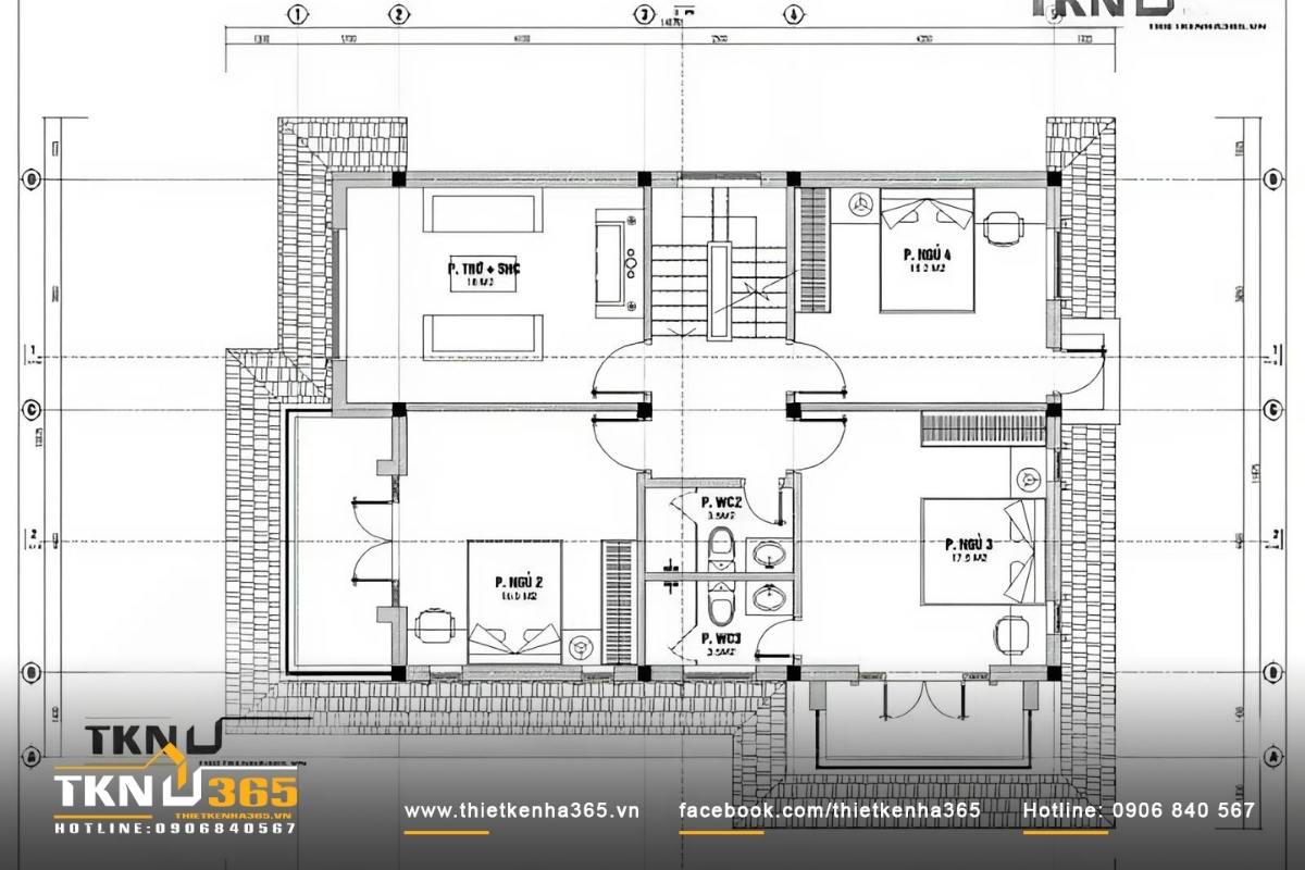 Bản vẽ mặt bằng nhà 2 tầng 100m2 tầng 2