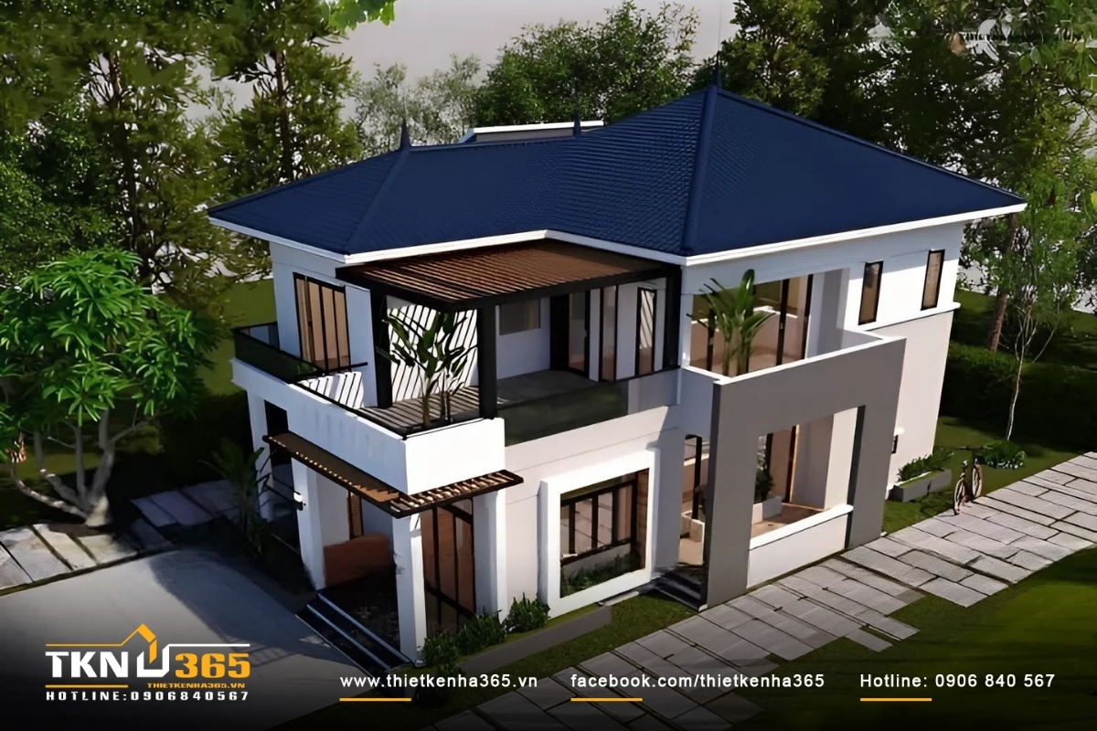 Mẫu nhà 2 tầng diện tích 100m2 mặt tiền 6m có sân vườn thiết kế hiện đại
