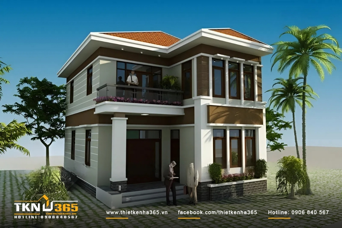 Phối cảnh mặt tiền mẫu nhà 2 tầng đẹp 100m2  chữ L