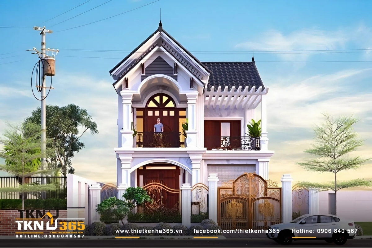 Thiết kế nhà mặt phố 2 tầng 100m2 mái thái thu hút mọi ánh nhìn