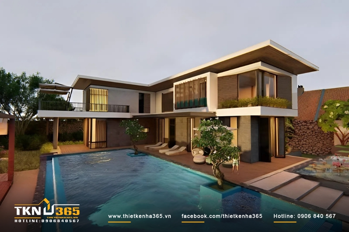 Mẫu nhà đẹp 2 tầng 100m2 mái bằng hiện đại có bể bơi