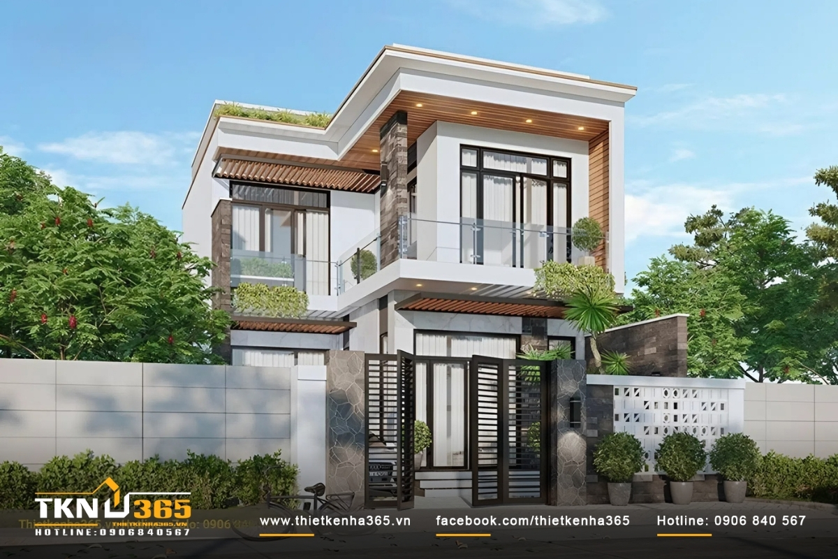 Mẫu nhà vuông 2 tầng với diện tích 100m2 được xây kiểu dáng đơn giản và hiện đại