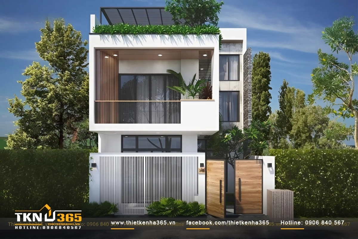 Mẫu nhà 2 tầng 100m2 giá rẻ có gác lửng thiết kế đương đại, phối màu bắt mắt