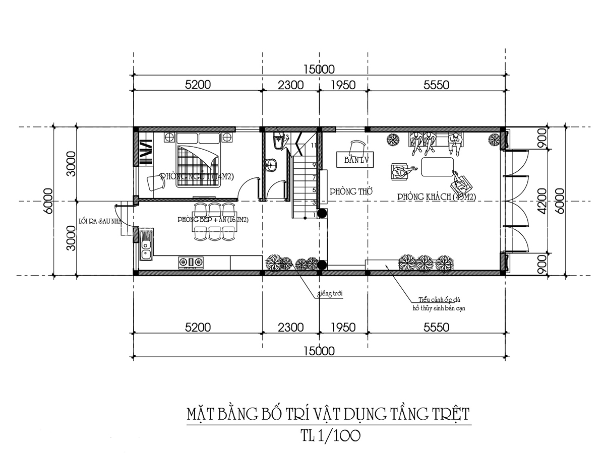 Tầng trệt sẽ bao gồm phòng khách, phòng ăn, 1 phòng ngủ và 1 WC Tầng trệt sẽ bao gồm phòng khách, phòng ăn, 1 phòng ngủ và 1 WC