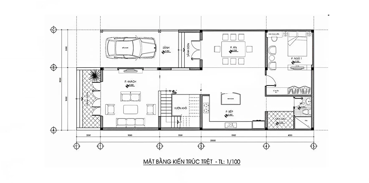 Bản vẽ mẫu thiết kế nhà 2 tầng 6x15 chữ L - Mặt cắt tầng trệt Bản vẽ mẫu thiết kế nhà 2 tầng 6x15 chữ L - Mặt cắt tầng trệt