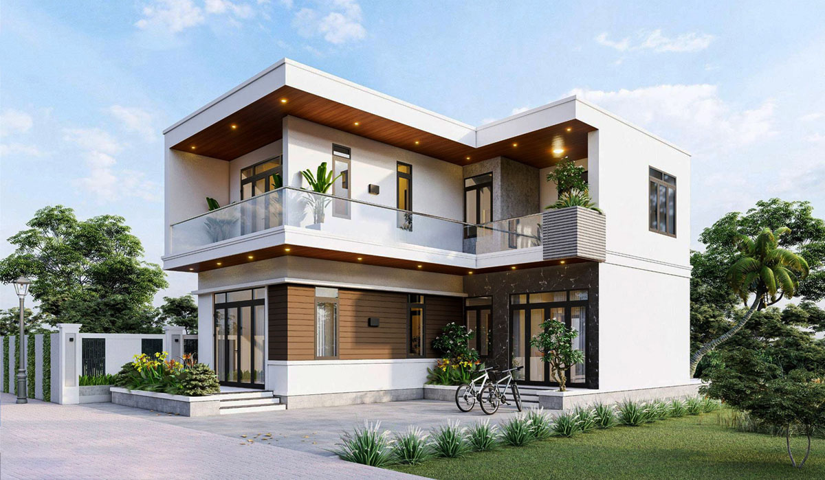 Mẫu nhà 2 tầng chữ L 6x15 có ban công và gara ô tô Mẫu nhà 2 tầng chữ L 6x15 có ban công và gara ô tô