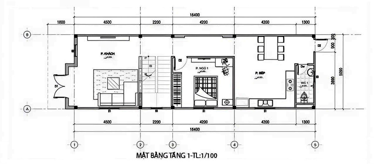Bản vẽ thiết kê nhà 2 tầng 6x15 3 phòng ngủ - Mặt bằng tầng 1 Bản vẽ thiết kê nhà 2 tầng 6x15 3 phòng ngủ - Mặt bằng tầng 1
