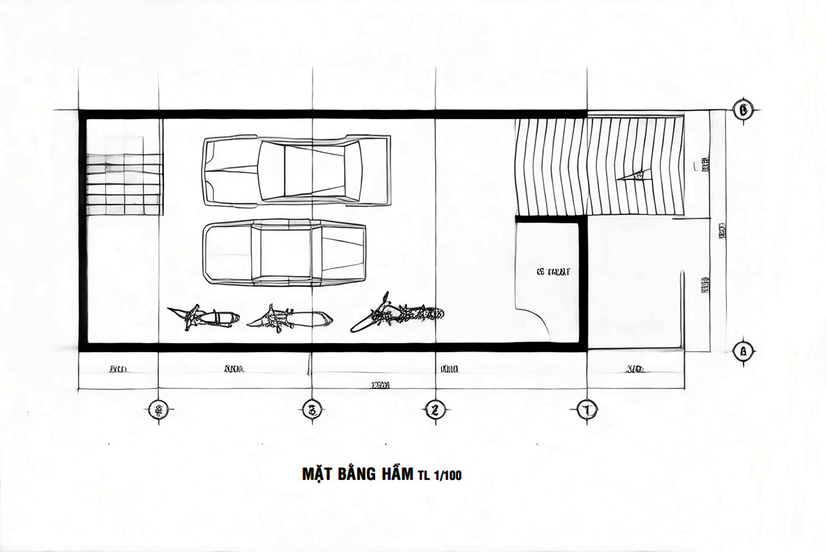 Bản vẽ mẫu thiết kế nhà 2 tầng 6x15 có tầng bán hầm - Mặt bằng hầm Bản vẽ mẫu thiết kế nhà 2 tầng 6x15 có tầng bán hầm - Mặt bằng hầm