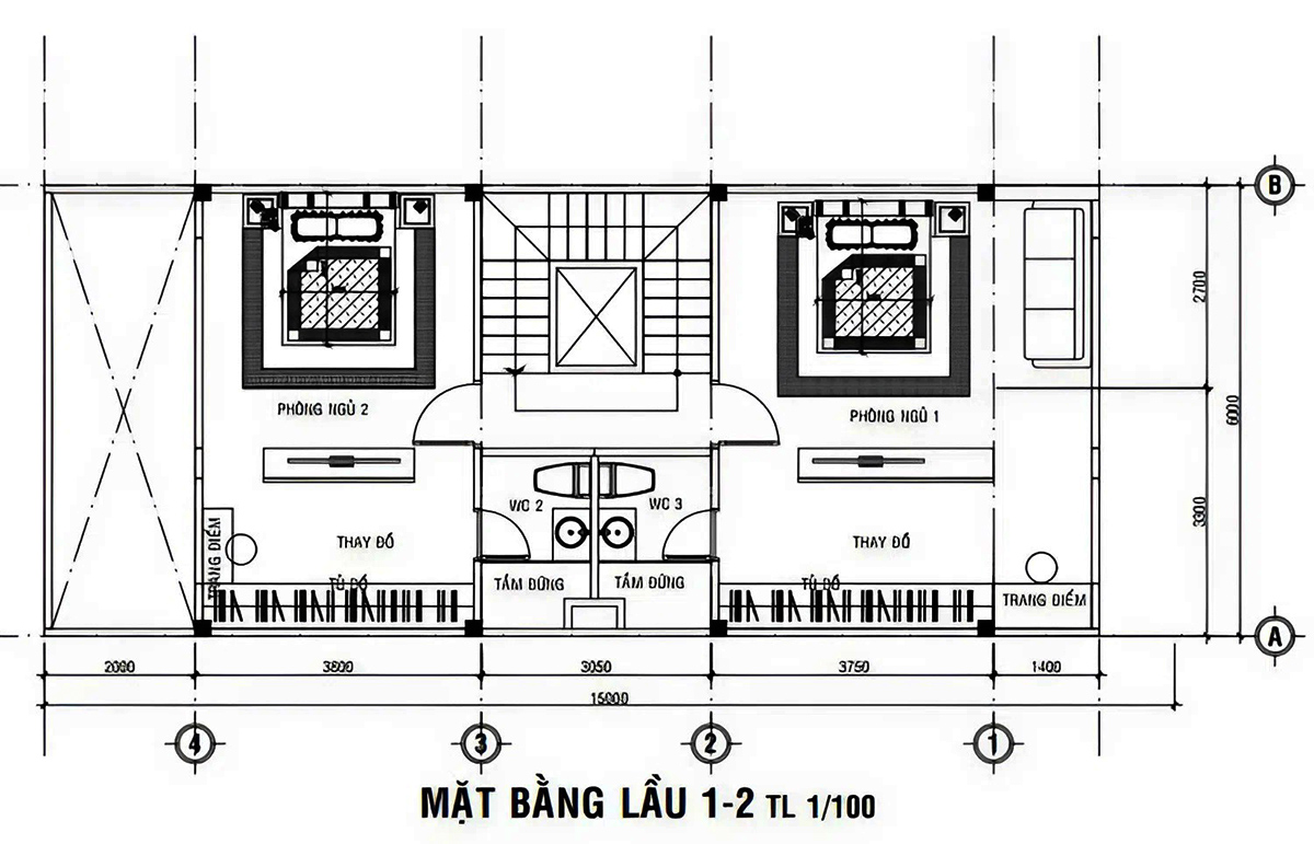 Bản vẽ mẫu thiết kế nhà 2 tầng 6x15 có tầng bán hầm - Mặt bằng hầm Bản vẽ mẫu thiết kế nhà 2 tầng 6x15 có tầng bán hầm - Mặt bằng hầm